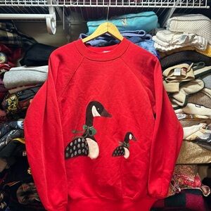 Vintage Womens Red Grandma Core Geese Nature Graphic Print Sweater Size XL